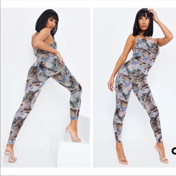 PrettyLittleThing Pants - BRAND NEW Stone Butterfly Renaissance Print  Jumpsuit